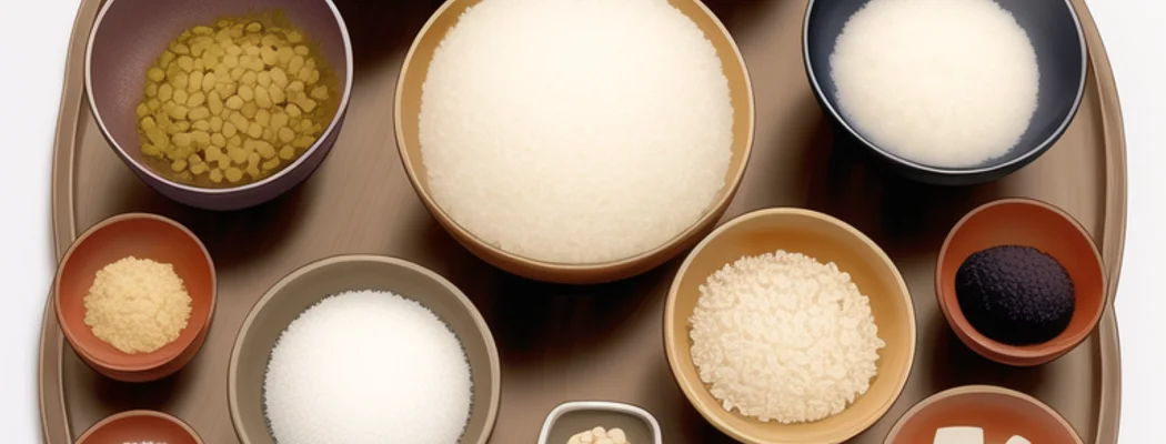 ヨーグルト以外の発酵食品（味噌、納豆、漬物、甘酒）と食物繊維が豊富な野菜、海藻、穀物が並べられた、健康的で彩り豊かな食事の風景。