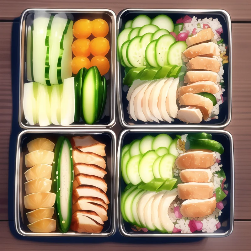 夜勤弁当に最適な、鶏むね肉とレモン、きゅうり、大葉を使ったさっぱり酸味弁当。疲労回復と体型管理をサポートするヘルシーな一品。