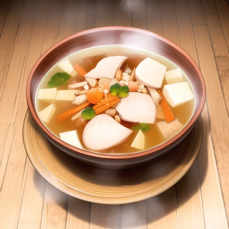 鶏むね肉とごぼう、人参が入った湯気の立つ生姜スープ。和風の器に盛られている。